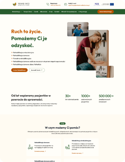 Rehabmed katwoice main homepage, with header, herosection and services.